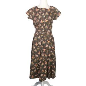 Vintage 60s brown multicolor floral print a-line midi tea dress XS